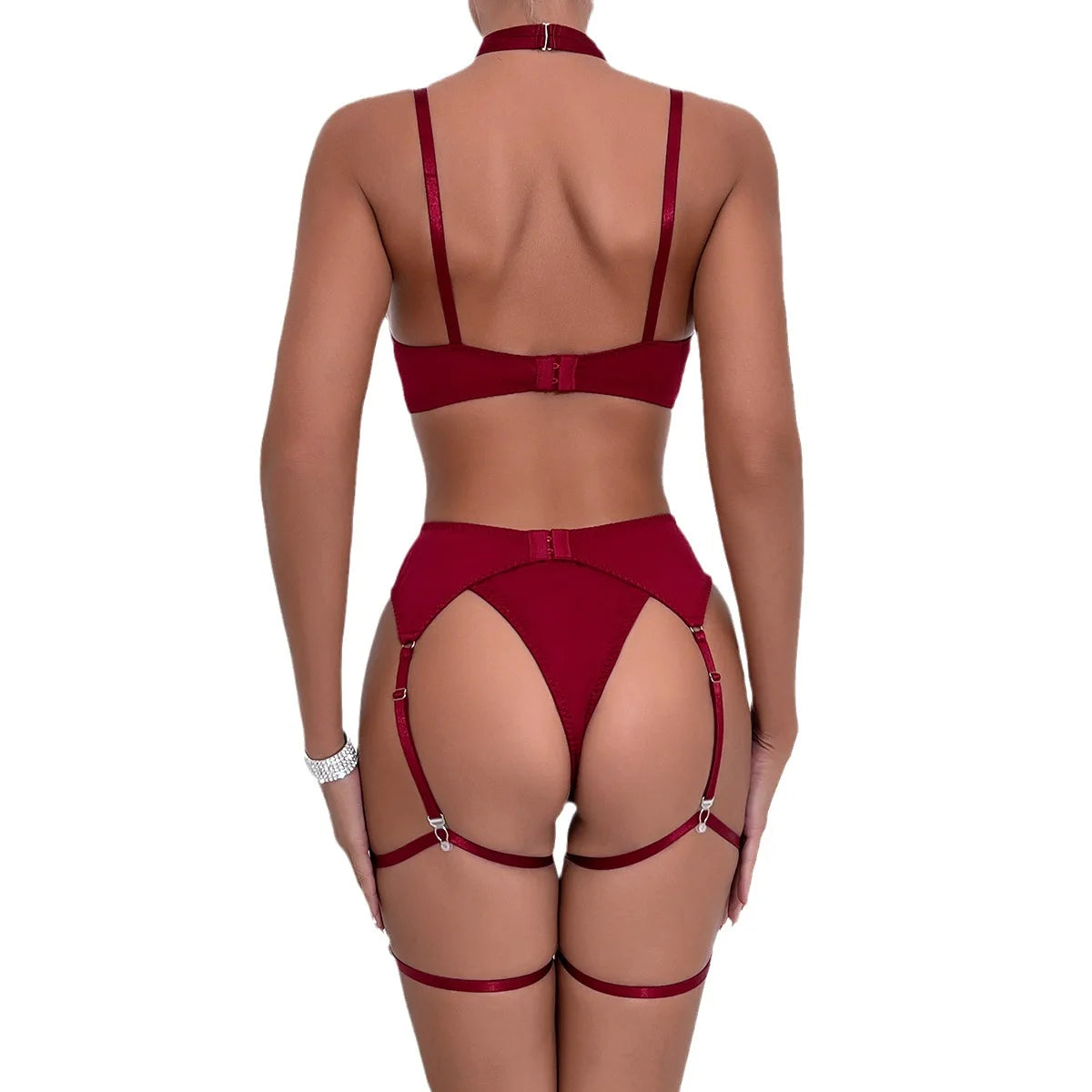 Sexy Lingerie Set Bow Bra Black Temptation Bra Set Belt Hollowed Out Gathering Four Piece Underwear Women Set Erotic Sleepwear