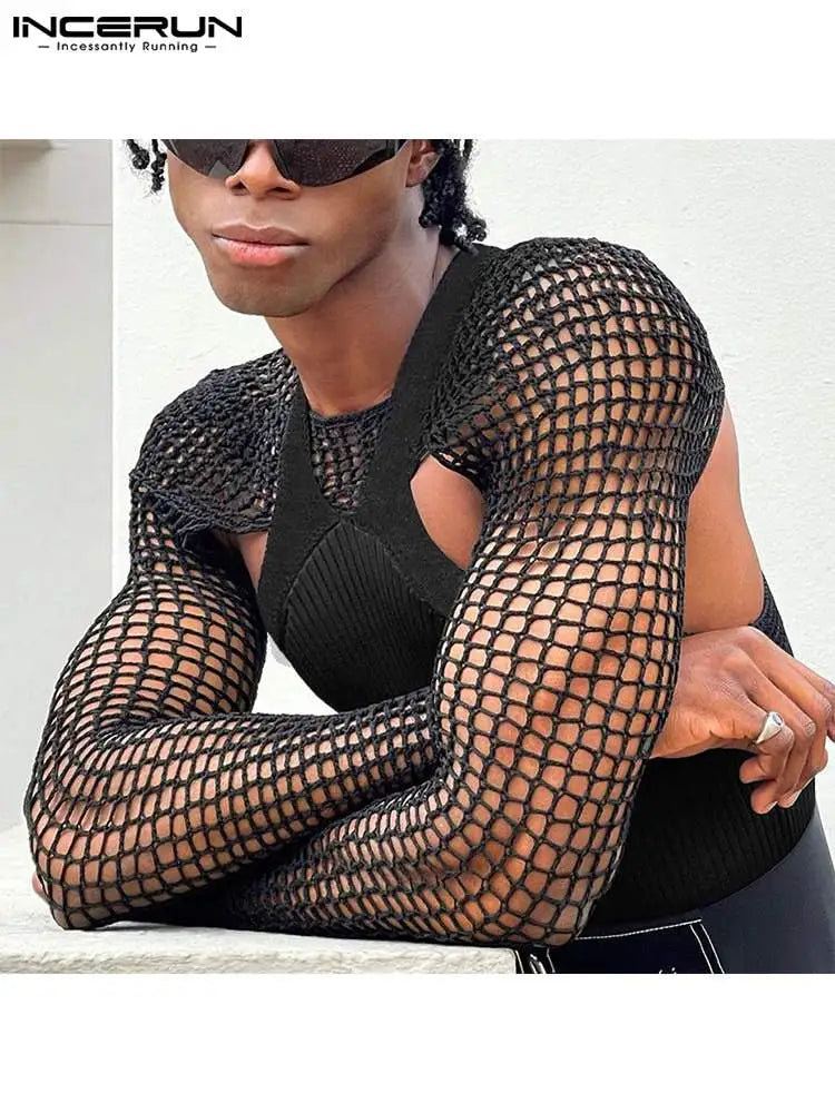 Fashion Casual Men Vest Camiseta Suit 2 Pieces Sexy Leisure Male Short Vests Hollow Breathable Mesh T-shirts S-5XL INCERUN 2023