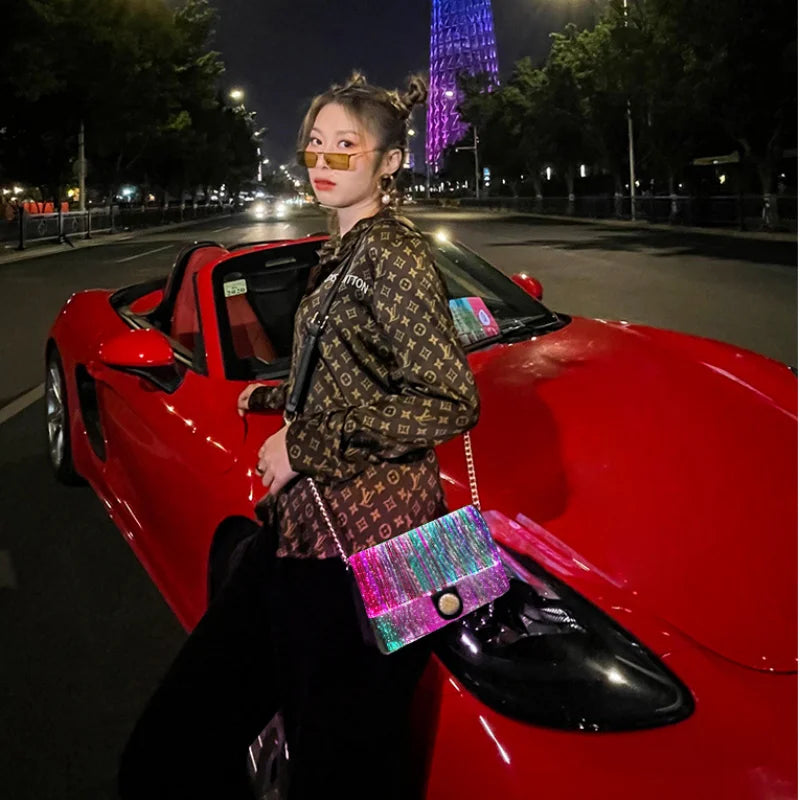 NEW Arrivals Luxury Colorful Luminous Square Reflective Light Bags For Women Ladies LED Light Shoulder Bag Optical Fiber Fabric Crossbody Purse Female Girls Luxury Fashion Apparel Accessories Supplies