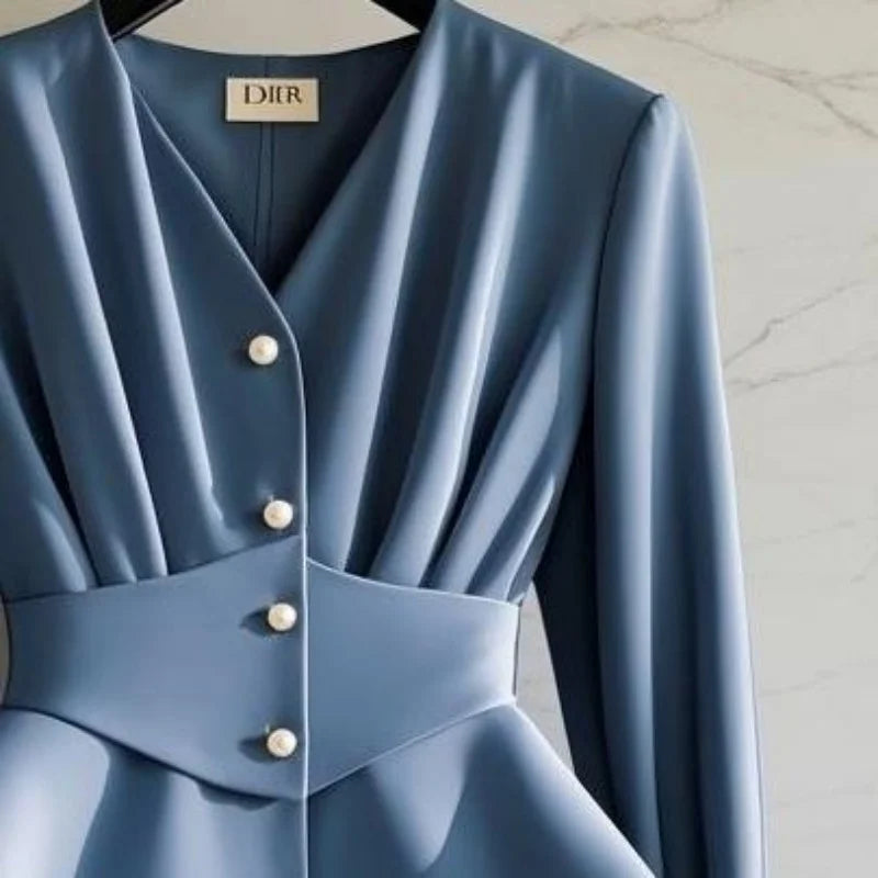 NEW Arrivals S-XL UK Size Luxury French High End Blue Blouse Autumn Design Slim Waist Pleat Patchwork Shirts Women V-Neck Pearl Button Tops Luxury 049A
