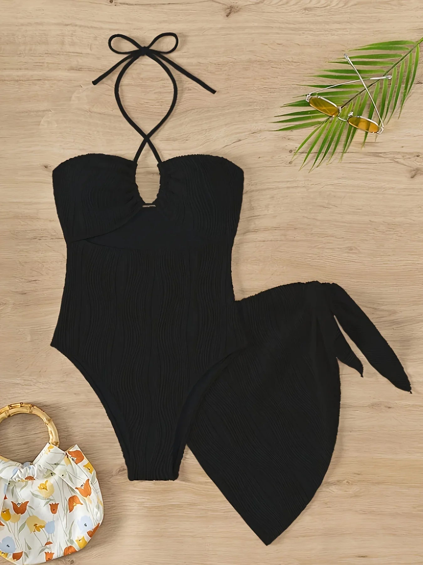 NEW Arrivals 2PCS Set S-XL Black/White Color Sexy Monokini Swimsuit Women's Hollow out Back Cross-Border Solid Color Stripe Cutout Swimwear Bikini Set Ladies Sexy Beachwear Suits