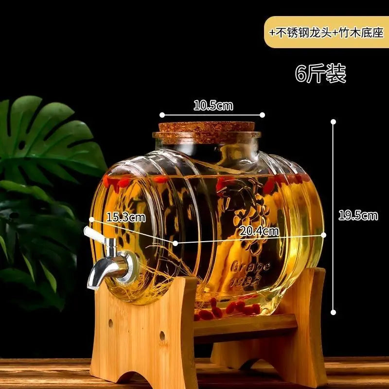 5000ML-3000ML Full Set Large Capacity Special Barrel Glass Wine Bottle with Faucet Wooden Base, Fruit Wine, Ginseng Wine Barrel, Medicinal Wine Jar Home Bar Pubs Restaurants Barware Accessories