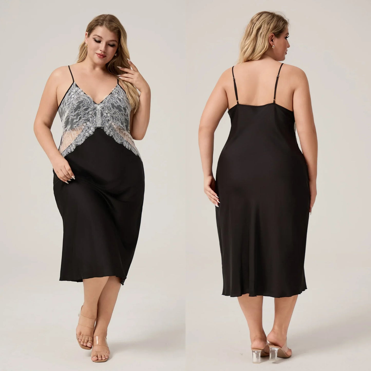 For Curvy Ladies UK Oversize XL-5XL Long Nightgown Sleepwear Sexy Patchwork Hollow Out Lace Lingerie Nightdress Loose Ice Silk Home Wear Big Women Loungewear