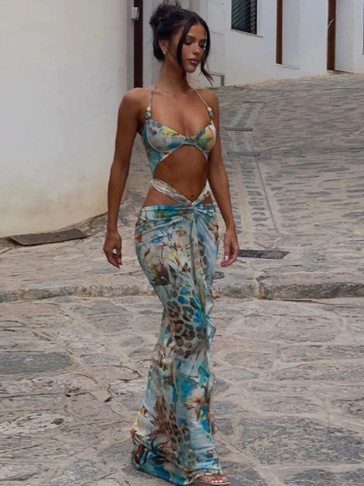 NEW Arrivals UK Size Women Sexy Bikini Patchwork Ruffles Long Dress Fashion Hollow Out Off Shoulder Slim Halter Lady Evening Beach Party Night Clubwear Outfit
