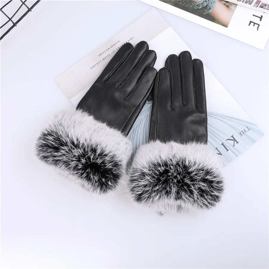 New Arrivals Women's Luxury Real Sheepskin Leather Gloves With Real Natural Rabbit Fur Cuffs Female Formal Evening Party Business Dinner Warm Gloves Fleece Lining Touch Screen Gloves Ladies Luxury Fashion Apparel Accessories