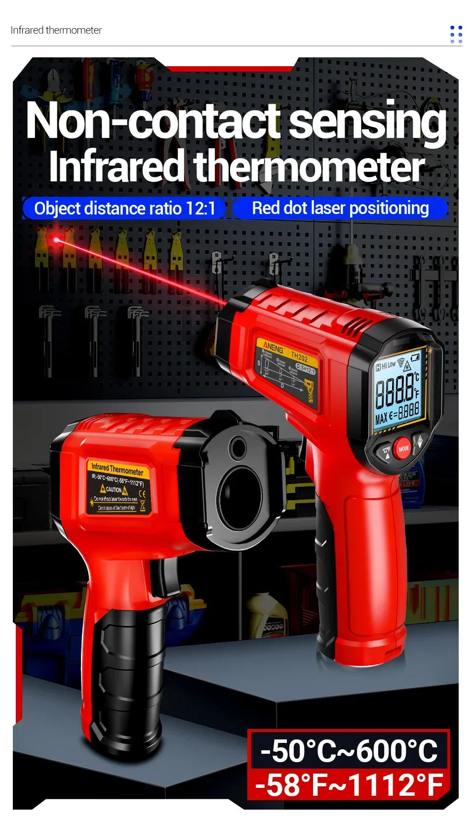 NEW TH202 Infrared Black/Red Color Thermometer Non-Contact -50~600℃ Digital Laser Temperature Meter LCD display Pyrometer Point Gun Tester