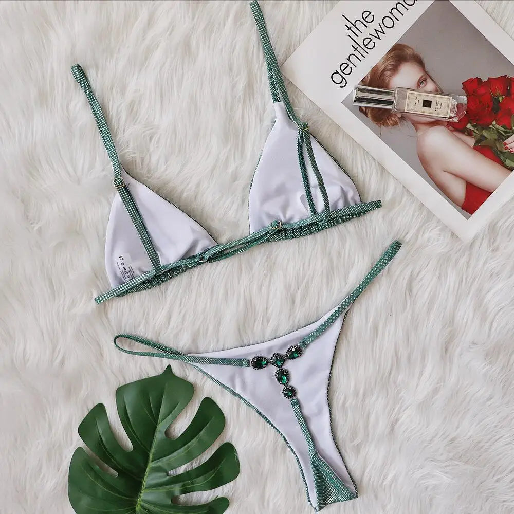 Vintage Bathing Suit Silver Green Sexy Mini Bikini Swimwear for Women Halter Lacing Up Triangle Bikini Set Women's Swimsuit