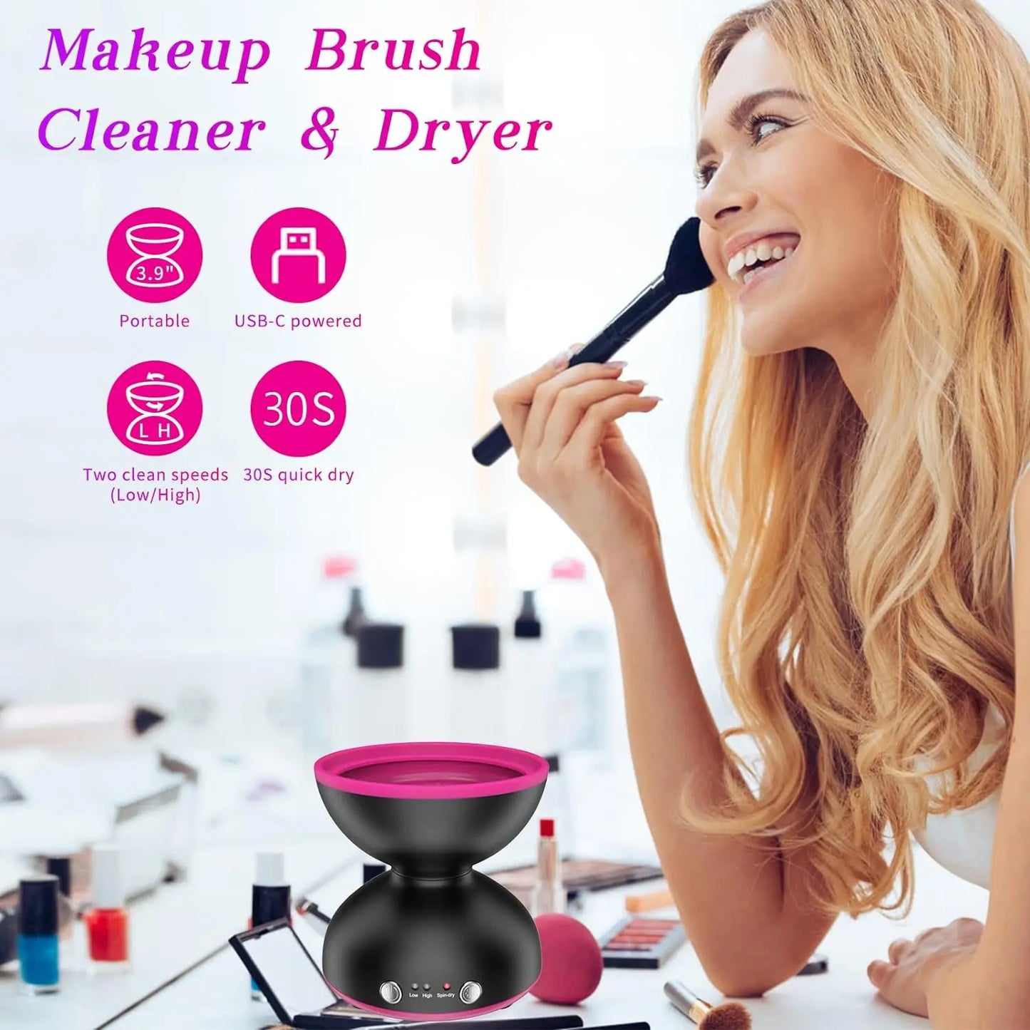 Makeup Brush Cleaner Machine, Two Gears Speed and Dehydration Function,Travel Portable Automatic