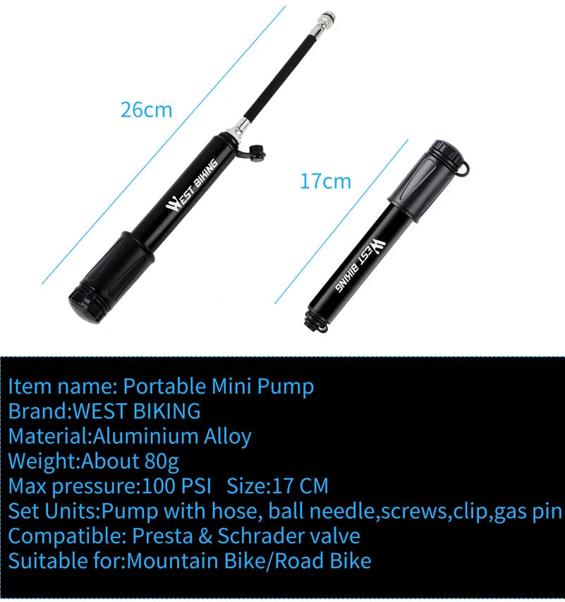 NEW Arrivals 100Psi Mini Bike Pump Aluminum Alloy Bicycle Hand Air Pump Tire Inflator Schrader Valve MTB Road Cycling Pump Bicycle Parts Accessories Sports Supplies