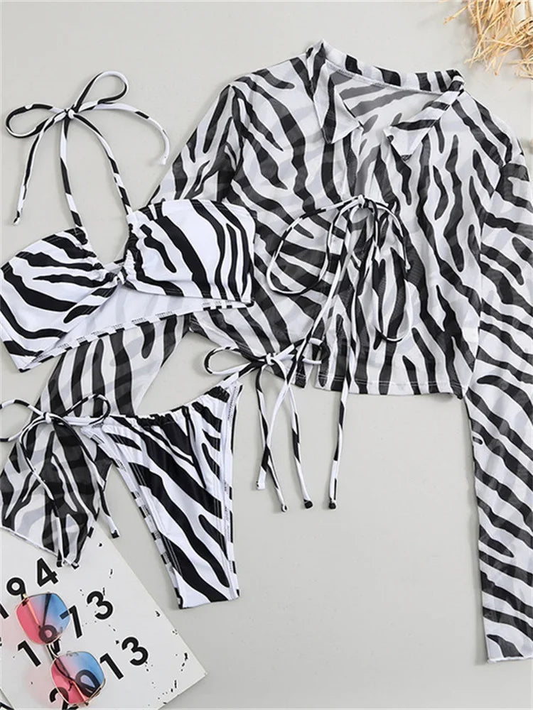 Sexy Black Zebra Print Bikinis Sets Women Long Sleeve Cover Up 3 Piece Swimsuit 2024 Lace Up Bathing Suit Thong Micro Swimwear