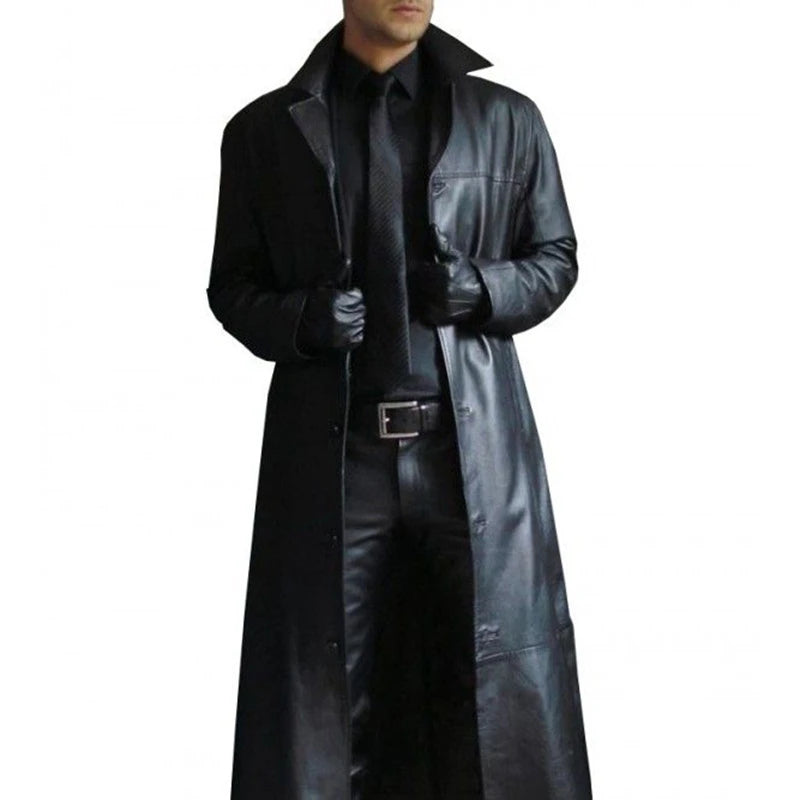 NEW Arrivals S-5XL Plus Size Men Jacket Turn-Down Collar Smooth PU Leather Men Fall Coat Windproof Streetwear Slim Fit Long Sleeve Men Trench Coat
