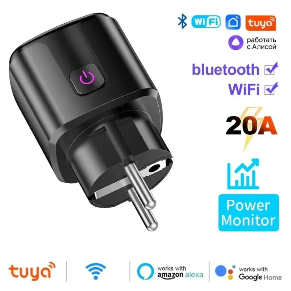 NEW Arrivals TUYA App Wi-Fi + Bluetooth 20A Socket Smart EU Plug With Power Monitoring Timer Child Lock Outlet Google Home Alice Smart Devices Alexa Google Support Home Smart Life Supplies