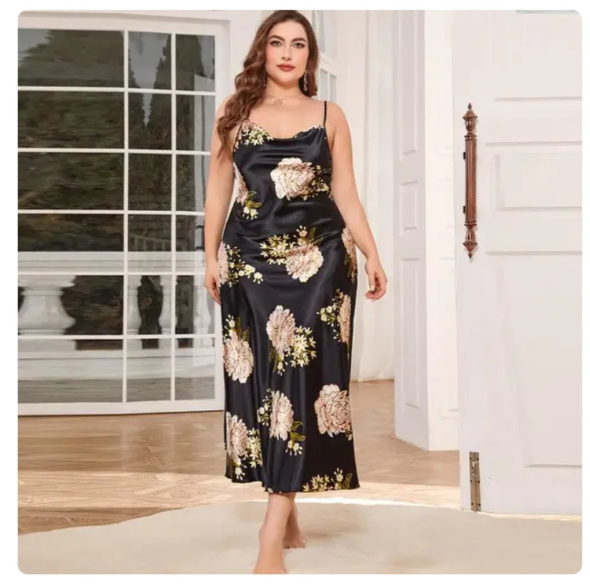 NEW Arrivals XL-5XL Plus Size Sexy Curvy Women Suspender Nightdress Sleepwear Lingerie Summer Ladies Nightgown Loose Silky Satin Dressing Gown Loungewear