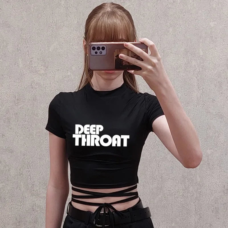 NEW Arrivals M-2XL UK Size 6 Patterns Women Fashion Girls Sexy T-Shirt Casual Short Sleeve Female Shirt Harajuku *DEEP THROAT* Women Crop Top Black Short Crop Bandage Tee Tops