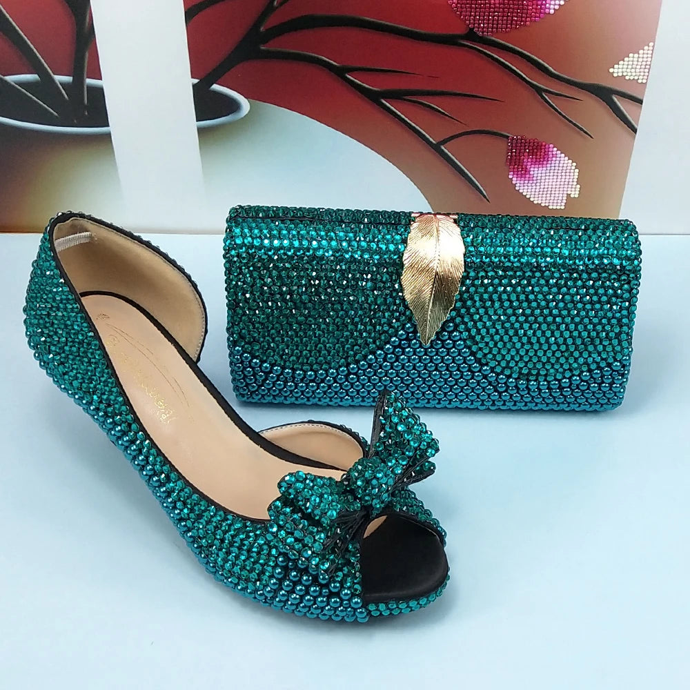 New Arrival Teal Luxury Blue Crystal Women Wedding Shoes Set with Matching Bags Peep Toe High Heels Pumps Open Toe Shoes and Purse Evening Party Night Business Dinner Apparel Accessories Ladies Luxury Fashion Clothing Suppl