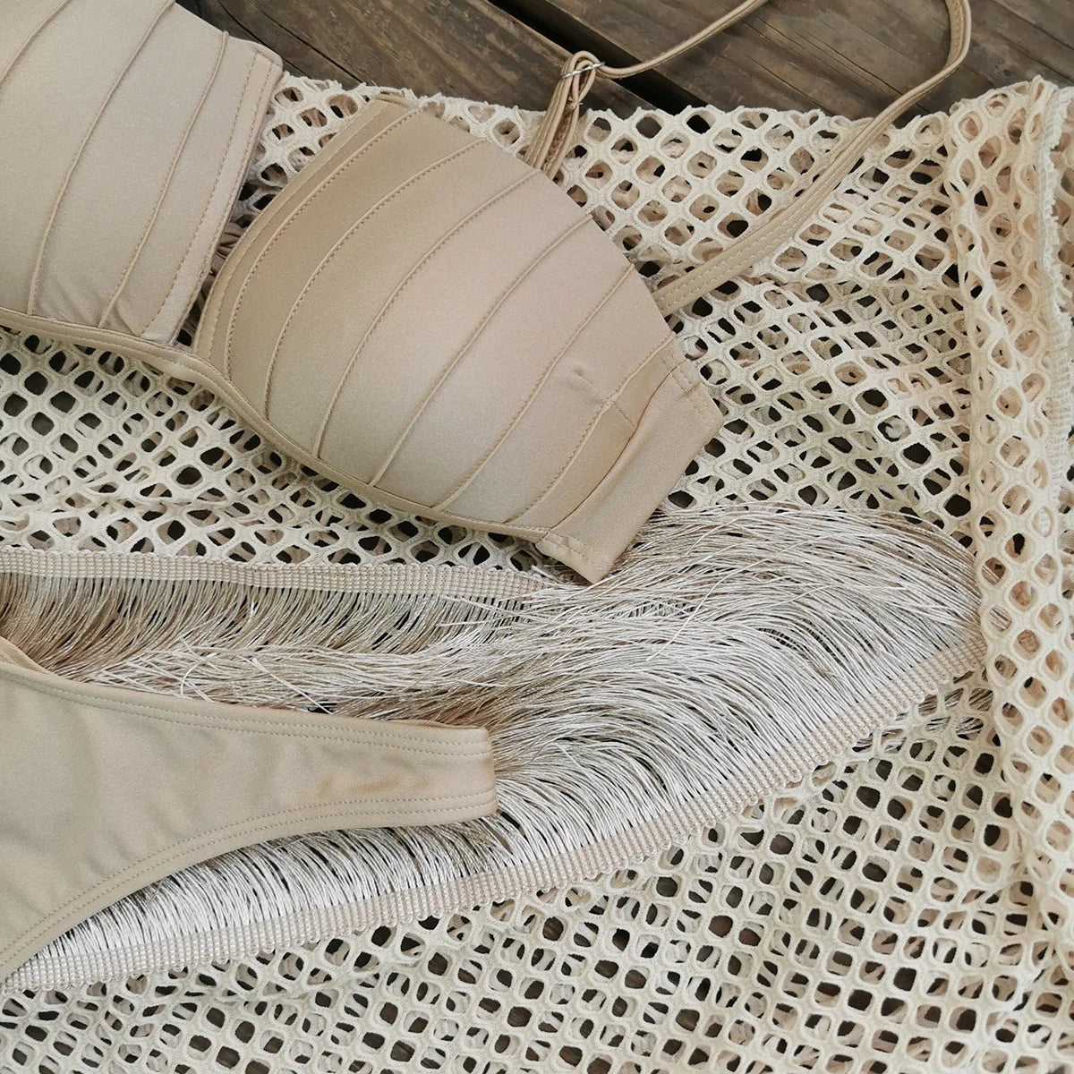 NEW 3PCS Handmade Set Sexy Gold Bikini Top with Fringe Mesh Long/Short Skirt - Adjustable Straps and Stylish Look, Perfect for Beach Wear and Pool Parties Ladies Sexy Swimwear Suit