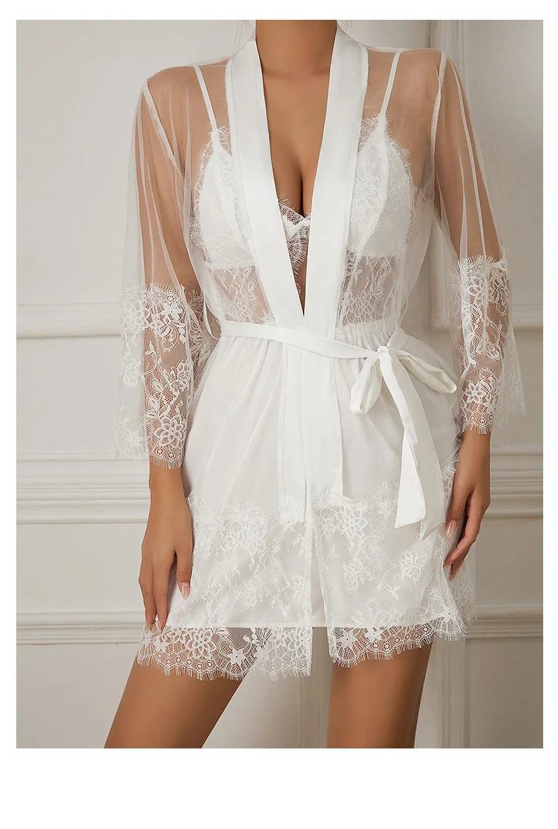 NEW Arrivals 2PCS Set White Robe Set Women Sexy Lace Nightdress Mesh Bathrobe Summer New Home Wear Ladies Wedding Party Loungewear Satin Sleepwear Honeymoon Nightdress