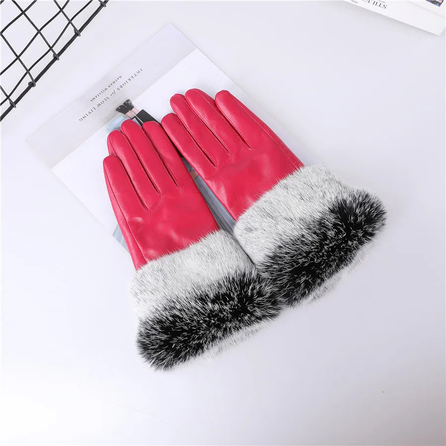 New Arrivals Women's Luxury Real Sheepskin Leather Gloves With Real Natural Rabbit Fur Cuffs Female Formal Evening Party Business Dinner Warm Gloves Fleece Lining Touch Screen Gloves Ladies Luxury Fashion Apparel Accessories
