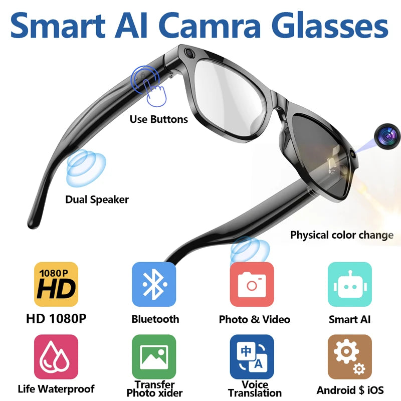 NEW 4K AI Translation Graphs English Language Smart Photochromic Glasses Multifunction Camera Bluetooth Call Voice Assistant Music Player Translate Glasses Business Meetings for Xiaomi