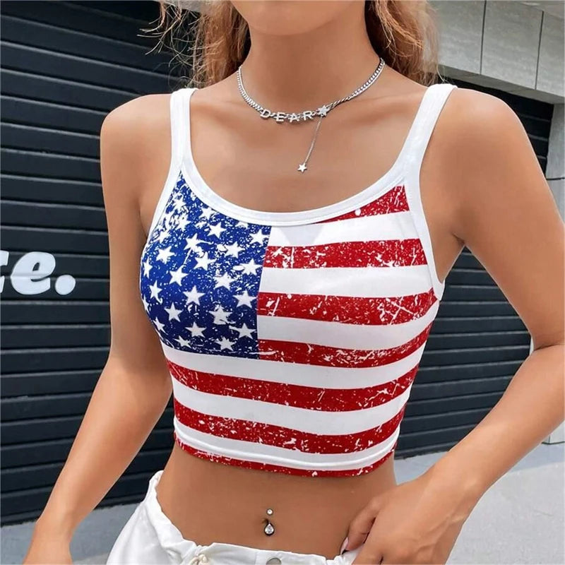 New Arrivals USA Flag Crop Top Sexy Backless Tank Slim Women's Mini Vest Summer Y2k Clothes Short White Camisole E-Girls