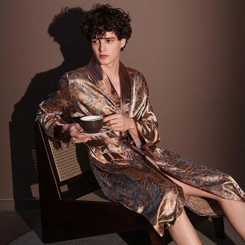 NEW S(50Kg-XL (100Kg) 6 Colors High Quality Silk Nightrobes Men Summer Thin Bathrobe Large Size Ice Silk Pajamas One-piece Robe Male Loungewear Gents Spring Summer