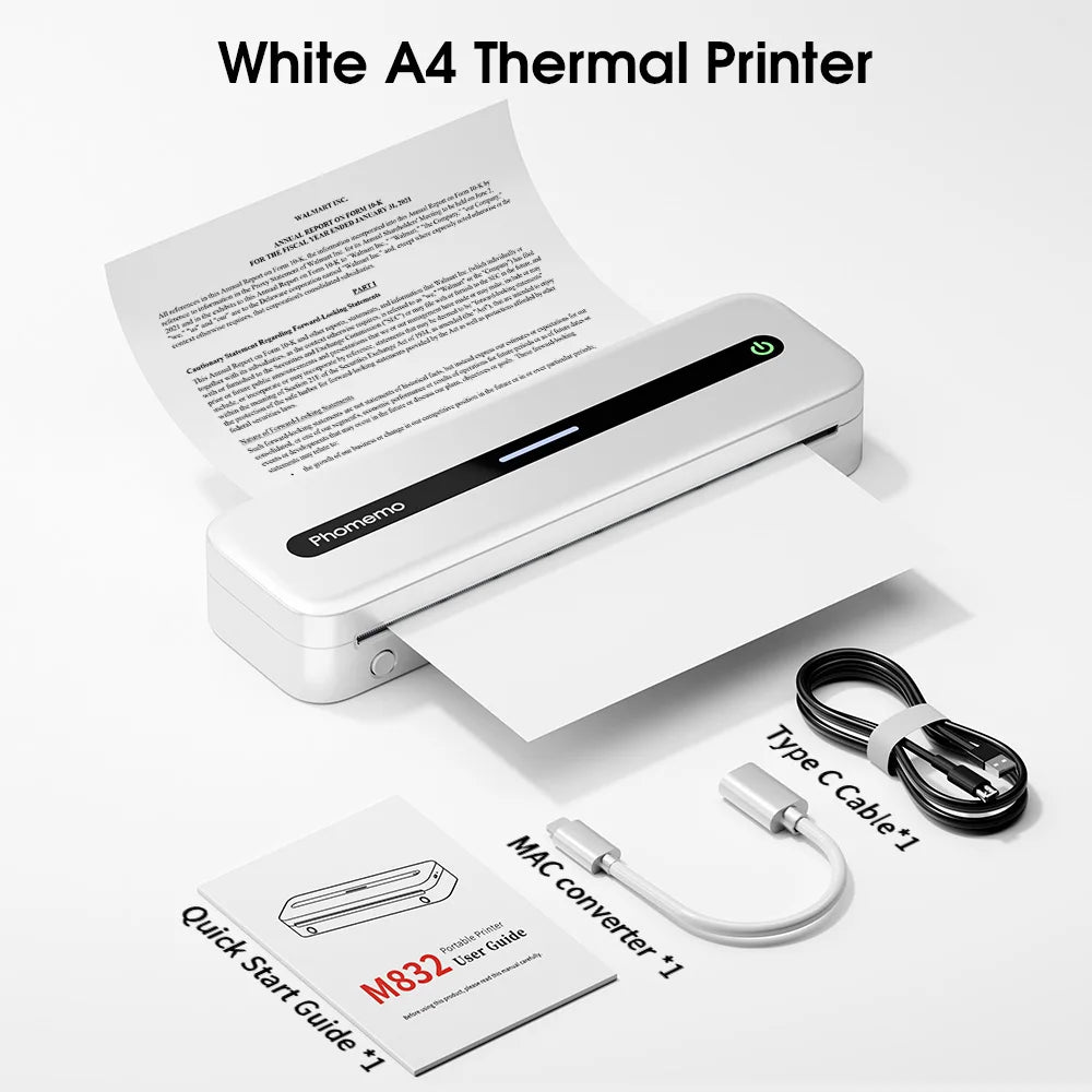 Original PHOMEMO Inkless Printer M832 Portable Printer Wireless Bluetooth Thermal Printer Support Letter A4 5-Size Thermal Paper Mobile Photos Document Office Business Printer