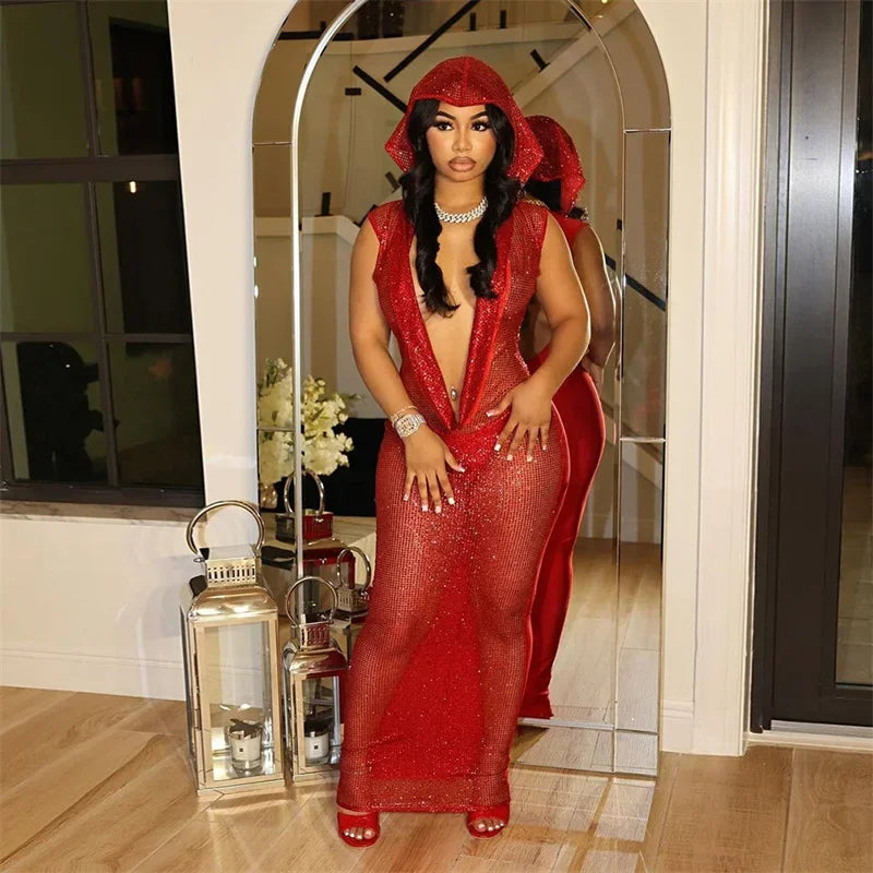NEW Arrivals S-2XL Pink/Gold/Red Color Sexy Deep V-Neck Hooded Party Long Dresses Women Nightclub Prom Mesh See Through Sleeveless Glitter Sequined Bodycon Maxi Dress