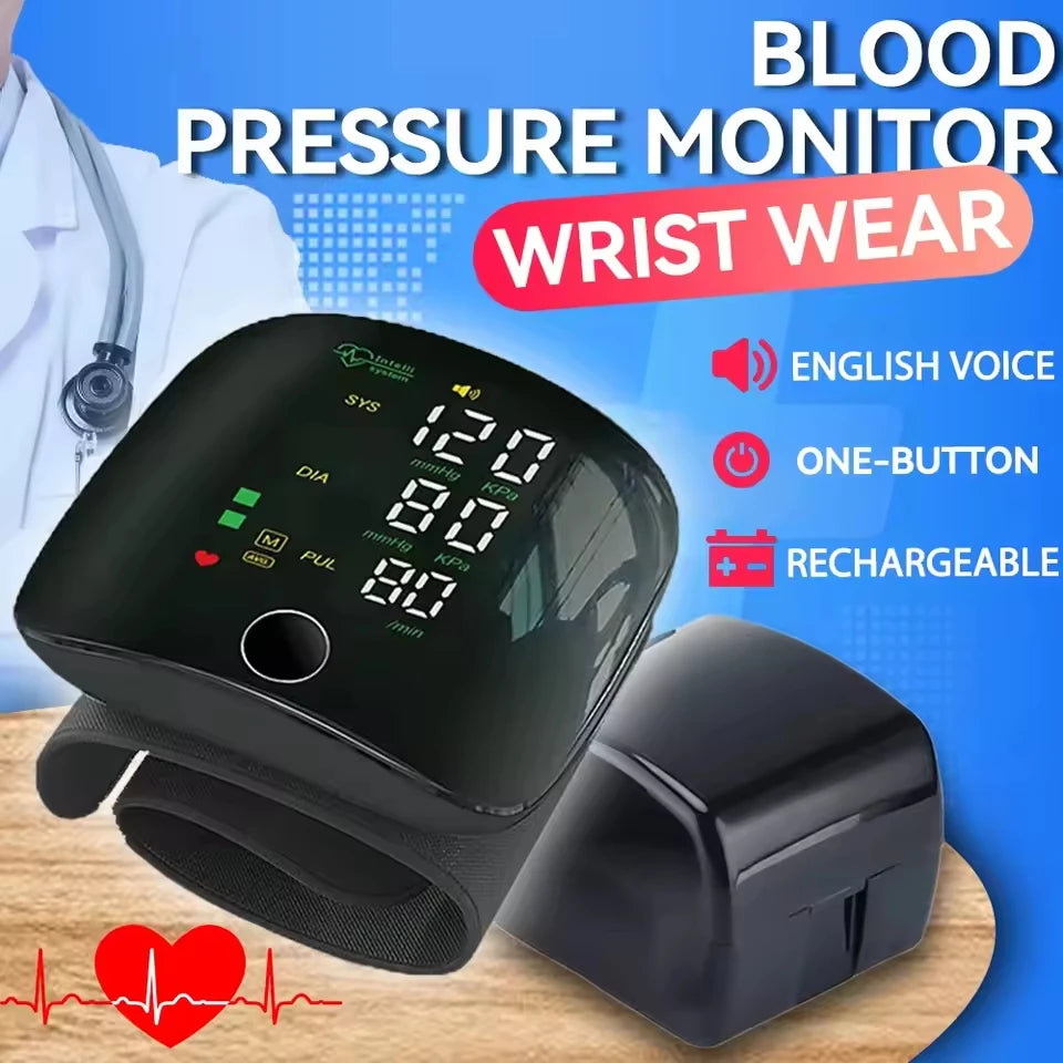 NEW Arrivals English Voice Portable LED Wrist Blood Pressure Monitor Portable Rechargeable Digital Tonometer Sphygmomanometer BP Monitor Health Care Supplies