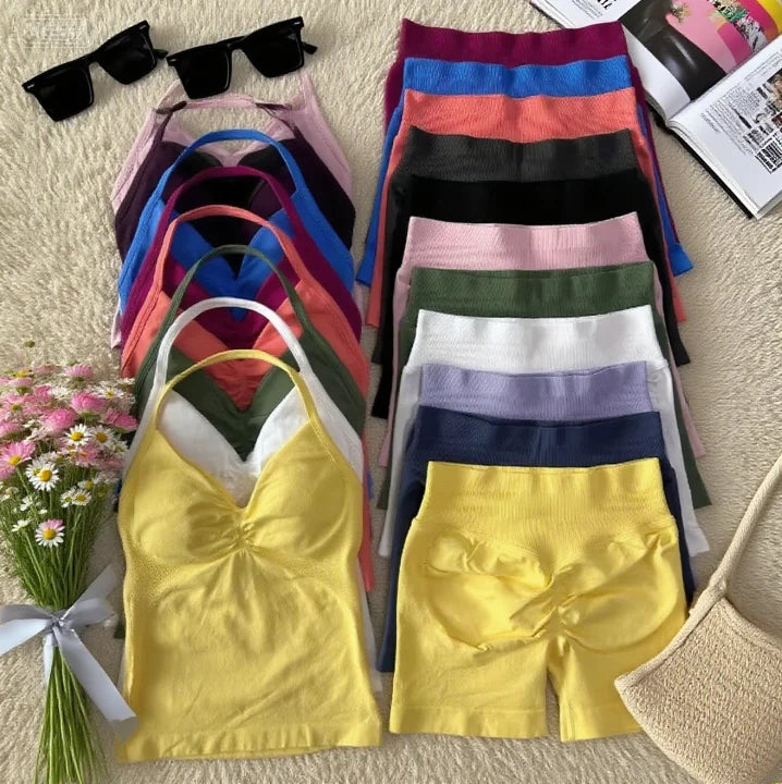NEW Arrivals 2PCS Set 10 Colors Padded Sleeveless T-Shirt with Halter Collar Hip Pants Summer Sportswear Women Fitness Yoga Pilates Suit Outdoor Hiking Running Sports Clothes