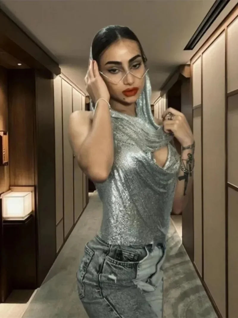 Fashion Metal Sequined Y2k Women Crop Top Tank Tops with Headscarf Metallic Sequins Sexy Backless Hollow Out Halter Corset top