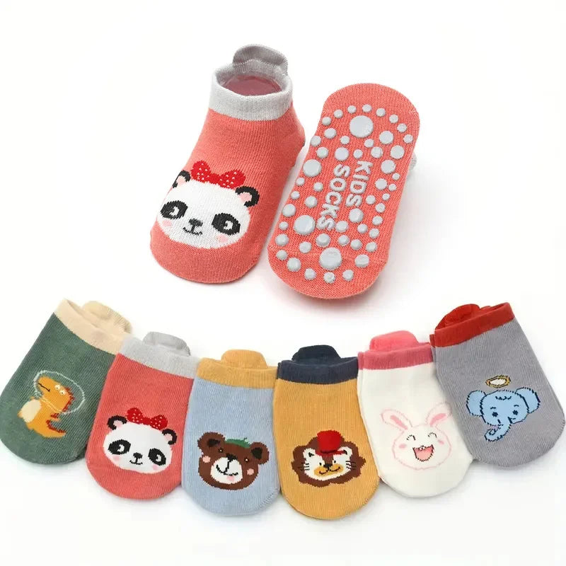 NEW Arrivals 1-3Y 6 Pairs Set Kids Cotton Anti-Slip Socks Cute Cartoon Animal Pattern Comfy Breathable Baby Non-Slip Floor Socks Babies Clothing Accessories