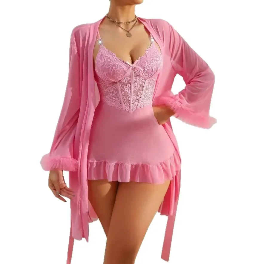 New Arrivals 2PCS Set 4 Colors Sexy Lace Mesh See-Through Nightgown Set Home Clothes Pure Desire Passionate Hot Invitation Home Clothes Set Ladies Sexy Nightdress Suit