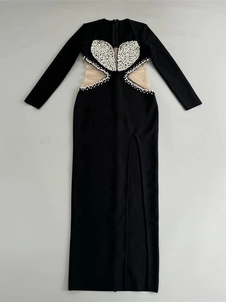 NEW Sexy Long Sleeve Diamonds Long Bandage Dress Women Black Cut-Out Mesh Patchwork Rhinestones Split Bodycon Dresses Evening Party Red Carpet Celebrity Luxury Sexy Dress