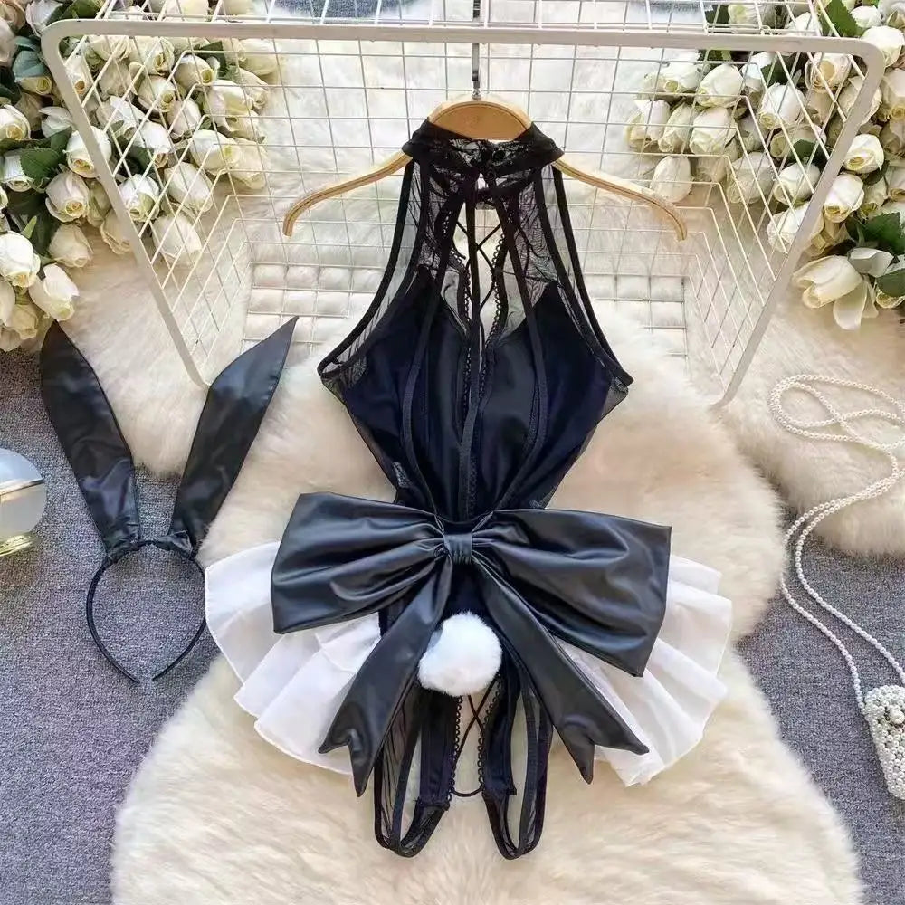 NEW Arrivals Bunny Role-Play Women's Nightwear Lady's Secret Clothing Halter Patchwork Bodysuit Erotic Lingerie Sexy Black Playsuit Bodycon