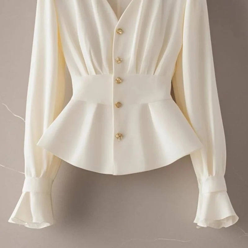 NEW Arrivals S-XL UK Size Luxury French Elegant White Chiffon Blouse Women Pleated Spliced Slim Shirt Design Button Flare Sleeve Top Spring Autumn 050A