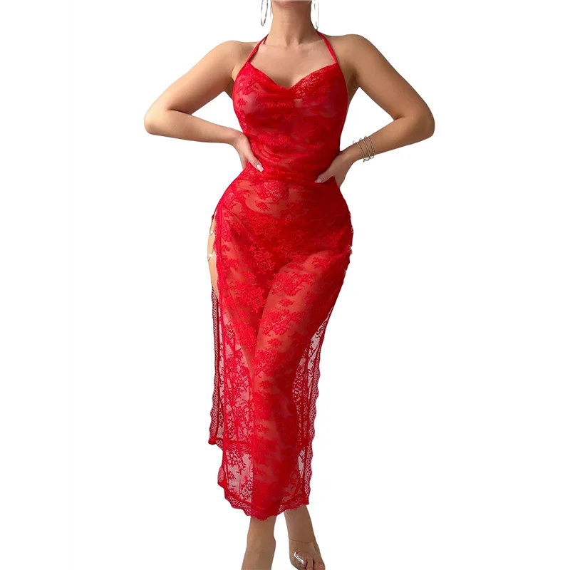 NEW Purple/Red Color Women's Mesh See-Through Floral Lace Dress Spaghetti Strap Backless Lace-Up Long Dress Party Club Dress