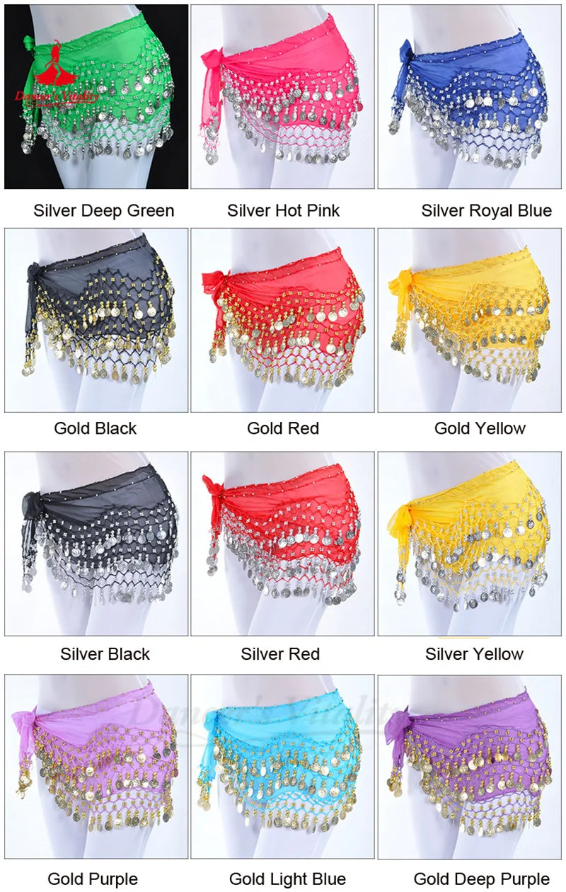 NEW Arrivals Belly Dance Belt for Women Chiffon Gold Coins Oriental Dancing Wear Accessories Girl's Chiffon Silver Coins Belly Dance Hip Scarf