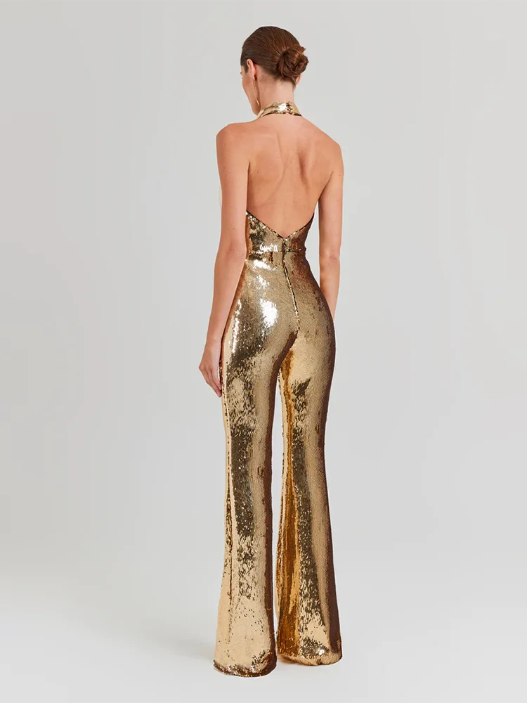 NEW Arrivals Women's Sleeveless Gold Sequin Jumpsuit Sexy V Neck Sparkle Sequined High Waist Wide Leg Pants Jumpsuit Celebrity Evening Party Ladies Luxury Fashion Clothing Supplies