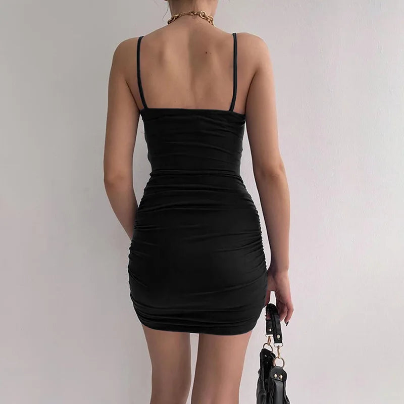 NEW Arrivals Green/Blue/Black Color Sexy Spaghetti Strap Bodycon Dress Women Backless Folds Wrap Hip Dresses Female Causal Streetwear Slim Dress Ladies Sexy Fashion Clothing Supplies