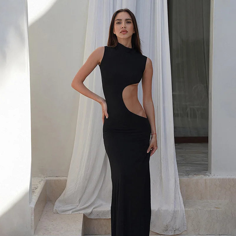 NEW Arrivals Black Cryptographic Sexy Cut Out Maxi Dress Outfits for Women Elegant Club Party Bodycon Sleeveless Tank Dresses Summer Beach Bar Party Night Clubwear