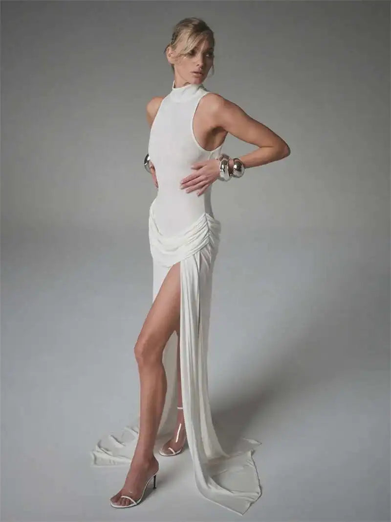 White Black Color UK Size Turtleneck Off-Shoulder Sleeveless Thigh Split High Waist Pleated Maxi Dress For Women Elegant Fashion Club Party Dress