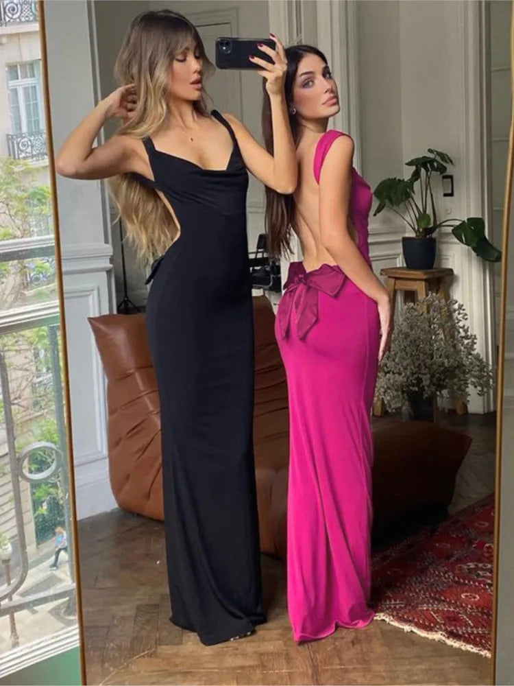 NEW Arrivals UK Size Rose Red/Black Sexy Slim Spaghetti Strap Evening Party Dress Women Sexy Backless Bowknot Package Hip Bodycon Long Dresses Solid Color Night Club Outfit