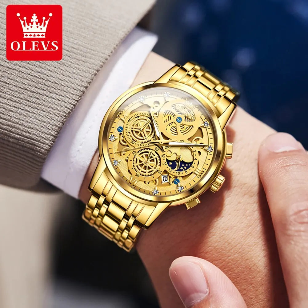 NEW 100% Original OLEVS Luxury Men's Watches Top Brand Luxury Original Waterproof Quartz Watch for Man Gold Skeleton Style 24 Hour Day Night Wristwatch Perfect Gift for Husband Boyfriend