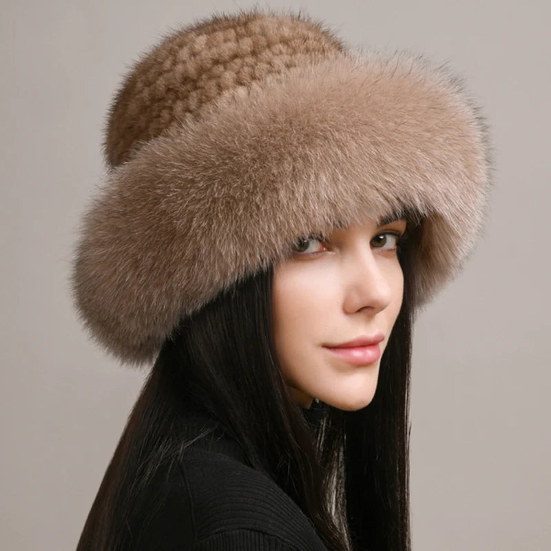 New Arrivals Real Mink Fox Fur Siberian Style Women Girls Winter Warm Snow Clothes Accessories Supplies Luxury Knitted Bomber Hat Natural Fox Fur Cap Quality Soft 100% Genuine Mink Fur Hats Female Ladies Luxury Fashion Clothi