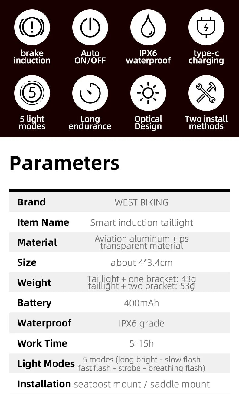 NEW 500mAH Bike Smart Induction Taillight Bright LED Lamp Beads Rear Light MTB Road Bike Waterproof Aluminum Alloy Tail Light Bicycle Lighting Accessories Sports Supplies