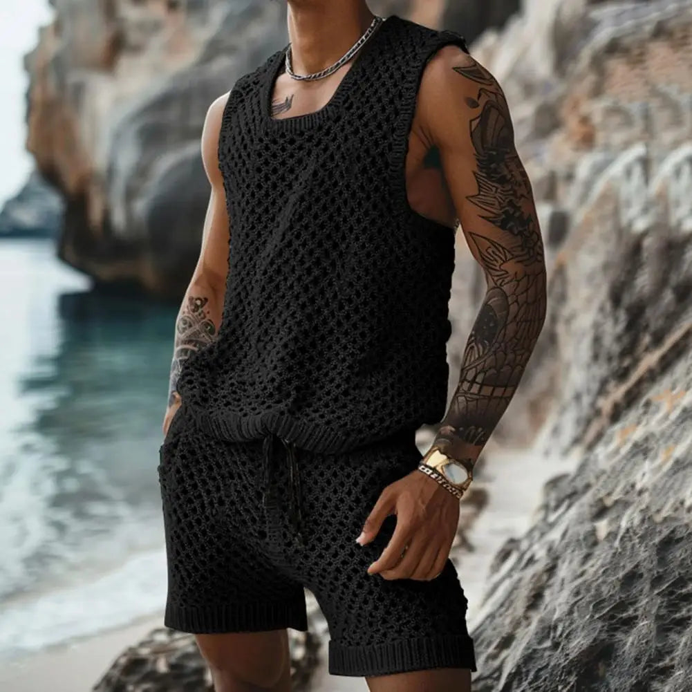 NEW 2PCS Set L(50-70Kg) XL(80-100+Kg) Vest Shorts Set Men's Casual Sleeveless Knit Top Drawstring Shorts Set for Daily Wear Elastic Waist Wide Leg Shorts for Men's