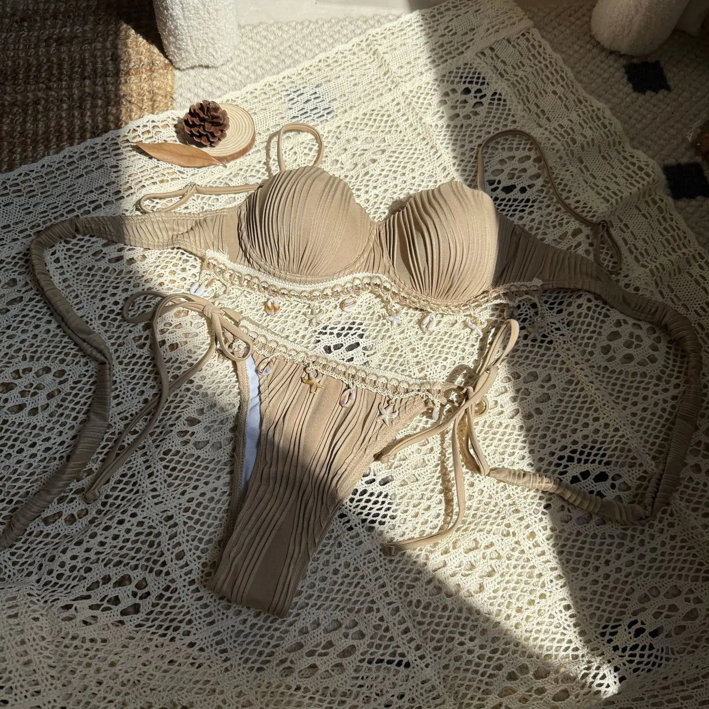 NEW 5 Colors UK Size Shell Scalloped Wrinkled Underwired Bra Cup Bikini Female Swimsuit Women Swimwear 2PCS Bikini Set Push Up Ladies Bathing Suit