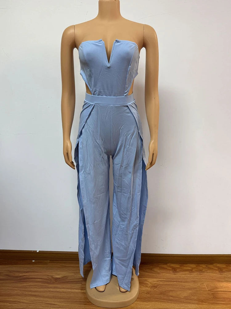 NEW Woman Summer Strapless Blue Jumpsuit with Trousers Solid Color Sexy Backless Jumpsuit Cut Out Waist Ladies Jumpsuit Side Slit