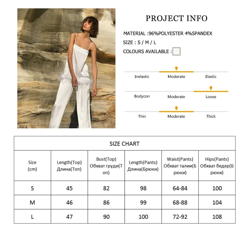 NEW Arrivals Black/White Color Satin Luxury Pajamas With Feathers Sleepwear Women Sets With Pants Black Spaghetti Strap Home Suit White Trouser Suits