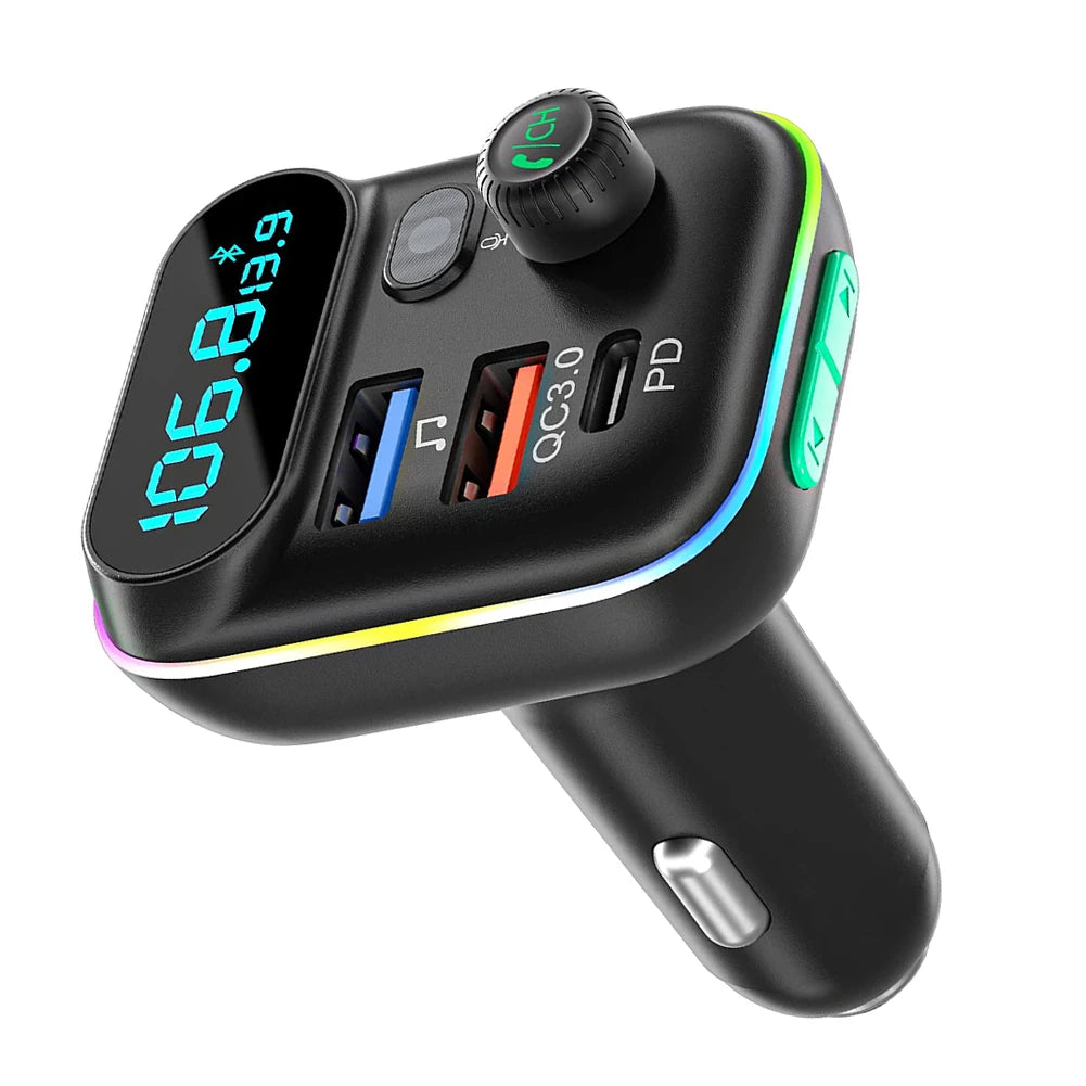 Car Bluetooth 5.0 FM Transmitter QC3.0 PD Type C Dual USB Car Charger Ambient Light Handsfree Mp3 Player Support TF Card